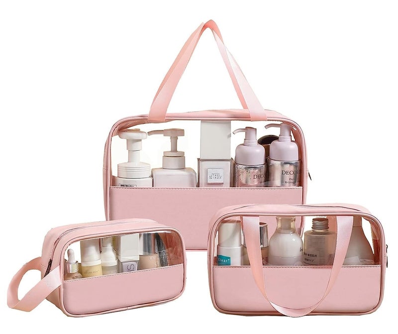 KERFORA Waterproof Cosmetic Bag Set of 3 Clear Frosted PVC Toiletry Pouch Portable Makeup Organizer for Women and Girls SemiTransparent Travel Organizers with Sturdy Zipper - Image 1