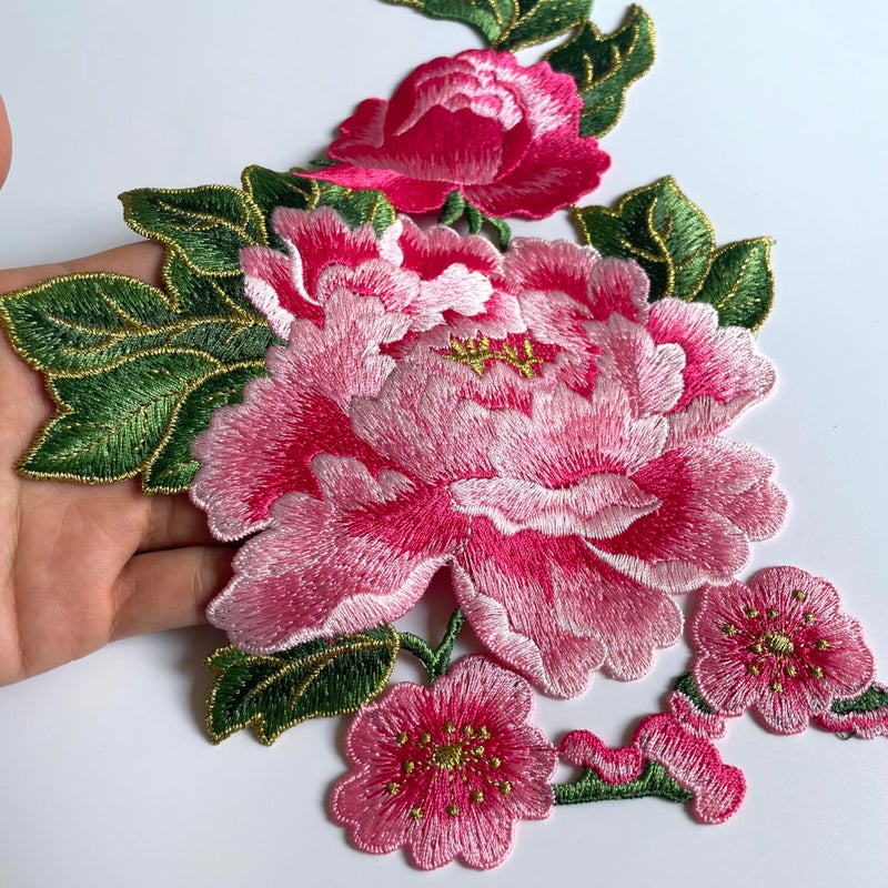 Buysk 1 Piece Sew on Embroidered Applique Floral Patches Beautiful Flower Patches for Sew on Clothes Jackets Hat DIY Decoration (Pink Peony) - Image 2