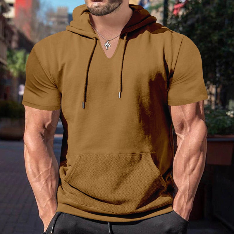 2024 Summer Mens Short Sleeve Hoodie T-shirt Casual Solid Slim Top Coffee - Image 1