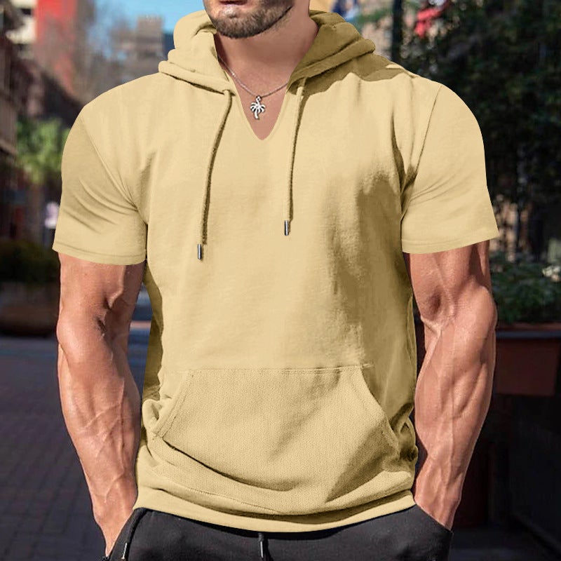 2024 Summer Mens Short Sleeve Hoodie T-shirt Casual Solid Slim Top Coffee - Image 2