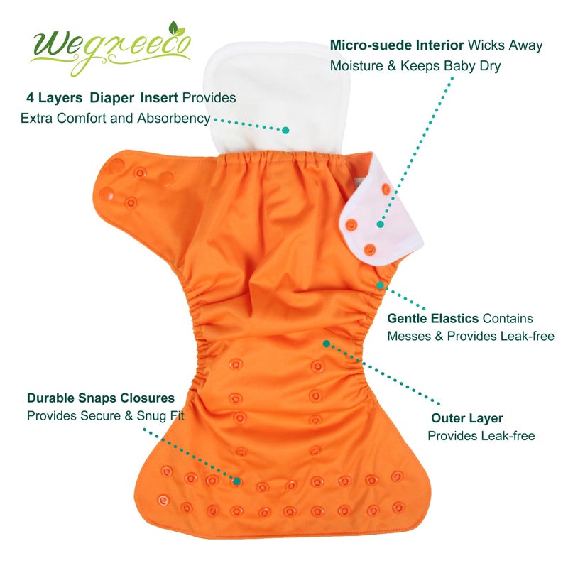 wegreeco Cloth Diapers 6 Pack with 6 Inserts & 1 Wet Bag, Washable Cloth Diapers for Babies, One Size Adjustable Reusable (Vibrant) - Image 2