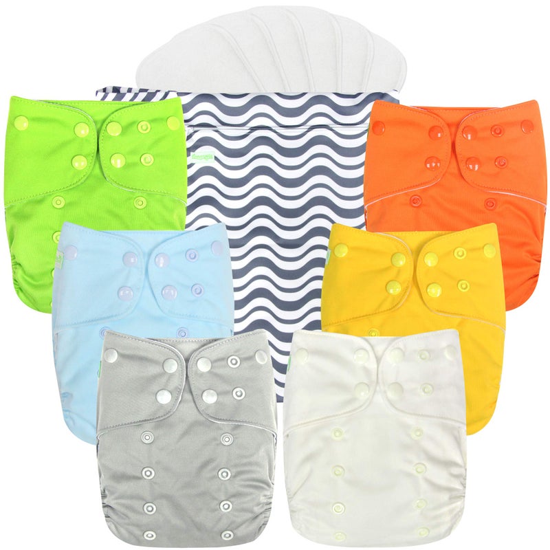 wegreeco Cloth Diapers 6 Pack with 6 Inserts & 1 Wet Bag, Washable Cloth Diapers for Babies, One Size Adjustable Reusable (Vibrant) - Image 1