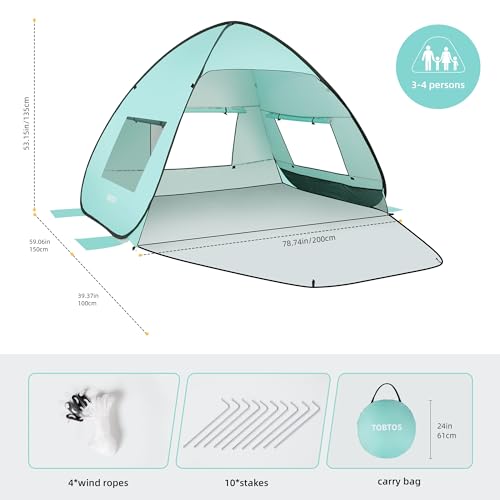 TOBTOS UPF 50+ Easy Pop Up Beach Tent 3-4 Person Sun Shelter Instant Automatic Beach Shade, Portable Sunshade with Extendable Floor (Mint Green) - Image 2