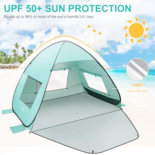 TOBTOS UPF 50+ Easy Pop Up Beach Tent 3-4 Person Sun Shelter Instant Automatic Beach Shade, Portable Sunshade with Extendable Floor (Mint Green) - Image 4