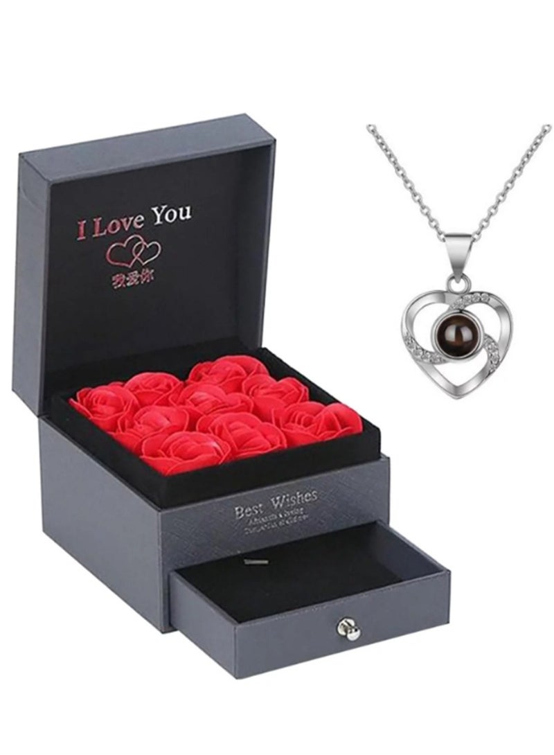 Eternal Real Rose Gift Boxes, Forever Flower Box with Love You Heart Necklace in 100 Languages for Valentine's Day, Romantic Birthday Gift, Anniversary, Mother's Day - Image 1