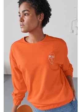 Tchibo Women Round Neck Long Sleeves Embroidered Sweatshirt, Orange  - Image 1