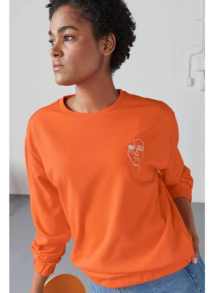 Tchibo - Women Round Neck Long Sleeves Embroidered Sweatshirt, Orange - Image 1
