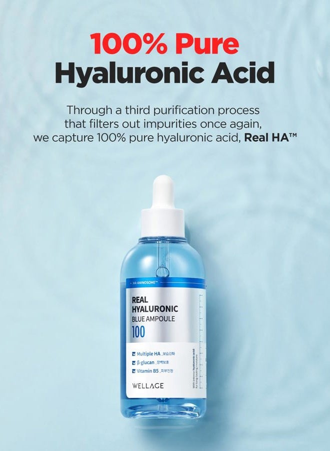 Wellage أمبولة الهيالورونيك الزرقاء الحقيقية 100، سيروم مرطب كوري للوجه، خالي من العطور، سيروم عميق الترطيب بحمض الهيالورونيك مع بانثينول للبشرة الحساسة والجافة (2.54 أونصة سائلة) - Image 5