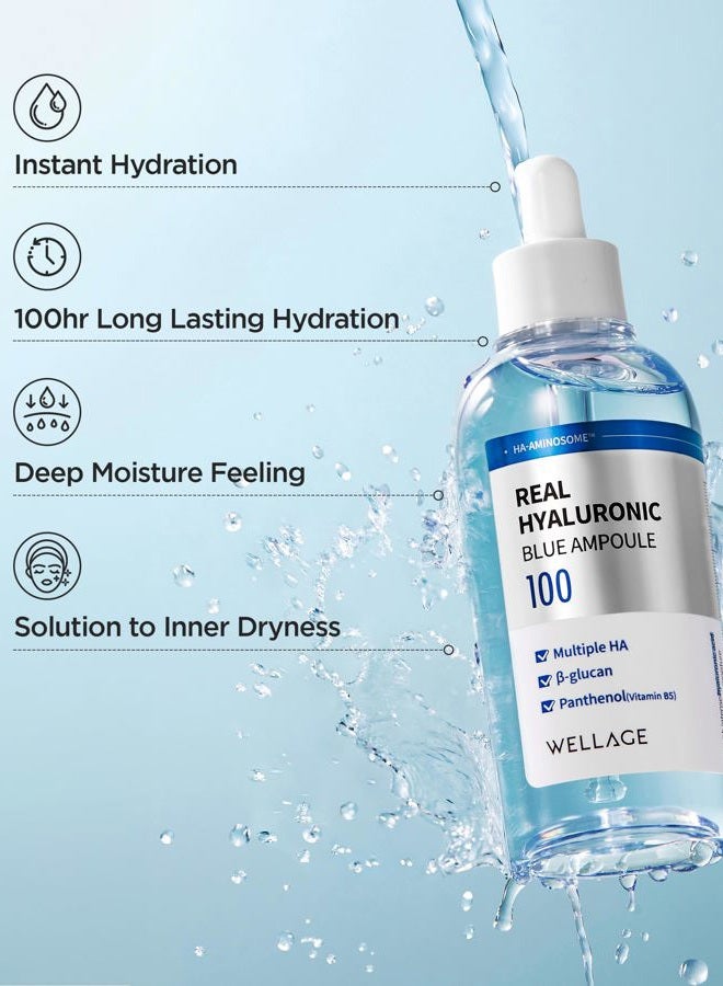 Wellage أمبولة الهيالورونيك الزرقاء الحقيقية 100، سيروم مرطب كوري للوجه، خالي من العطور، سيروم عميق الترطيب بحمض الهيالورونيك مع بانثينول للبشرة الحساسة والجافة (2.54 أونصة سائلة) - Image 3