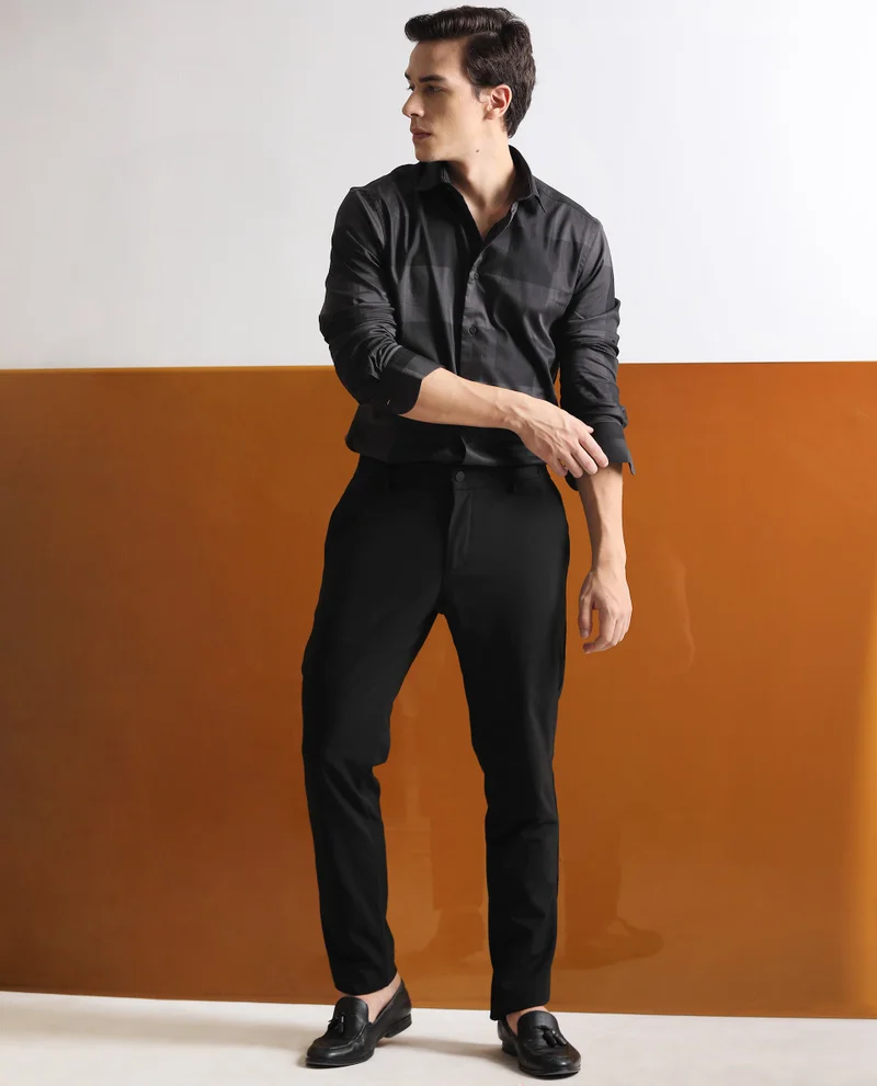 Rare Rabbit Rare Rabbit Men's Santhe Black Cotton Lycra Fabric Full Sleeves Regular Fit Tonal Checks Shirt