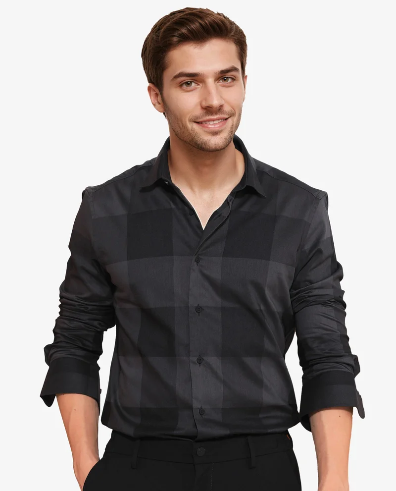 Rare Rabbit Rare Rabbit Men's Santhe Black Cotton Lycra Fabric Full Sleeves Regular Fit Tonal Checks Shirt