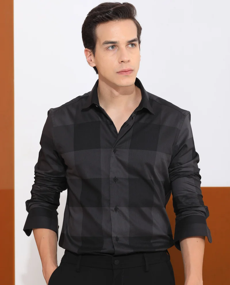 Rare Rabbit Rare Rabbit Men's Santhe Black Cotton Lycra Fabric Full Sleeves Regular Fit Tonal Checks Shirt