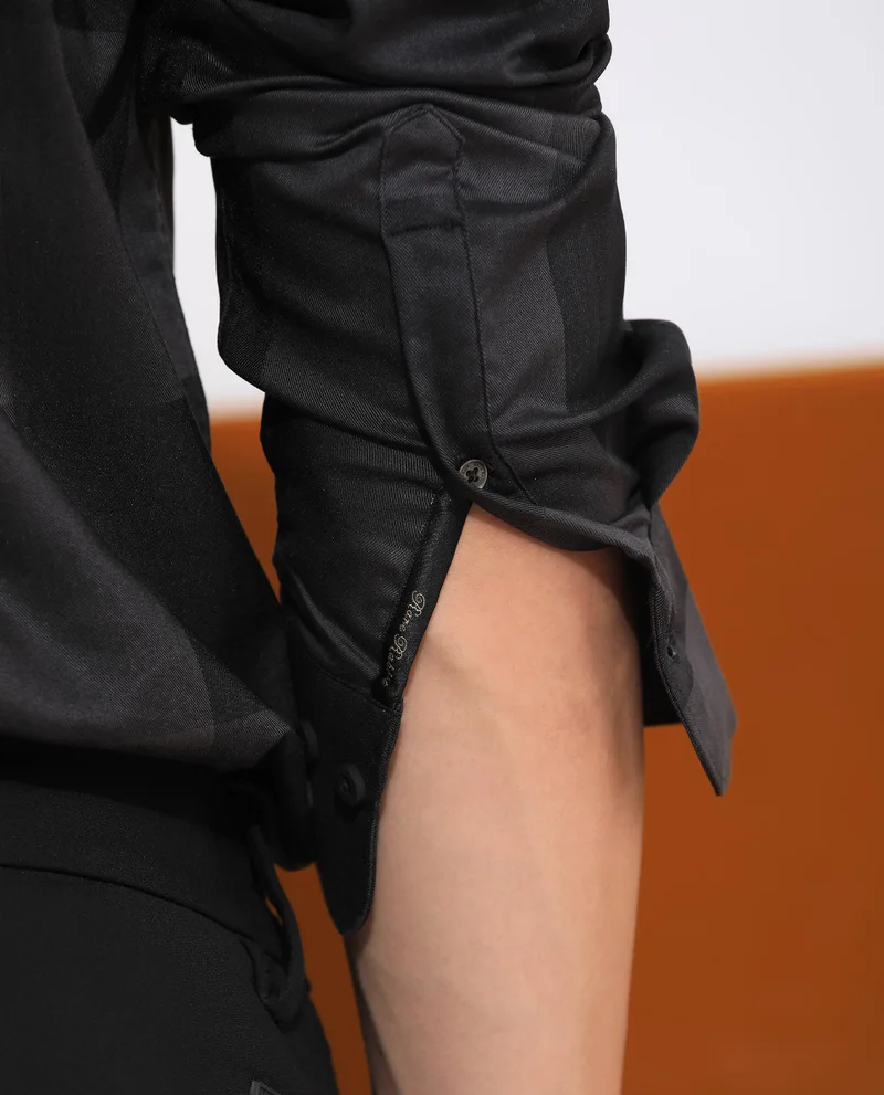 Rare Rabbit Rare Rabbit Men's Santhe Black Cotton Lycra Fabric Full Sleeves Regular Fit Tonal Checks Shirt