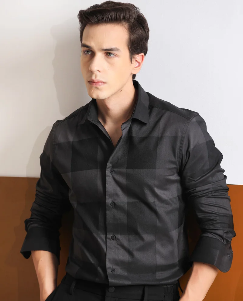 Rare Rabbit Rare Rabbit Men's Santhe Black Cotton Lycra Fabric Full Sleeves Regular Fit Tonal Checks Shirt