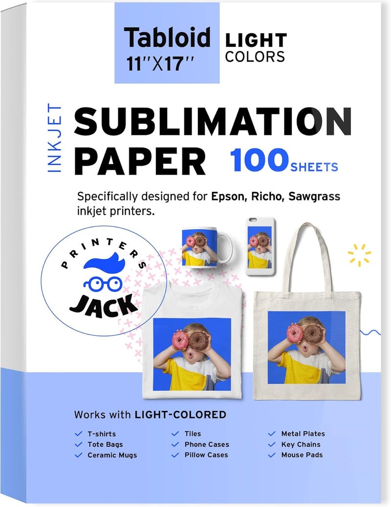 Printers Jack Sublimation Paper 100 Sheets 11" x 17" 120 gsm for Any Epson Sawgrass Inkjet Printer with Sublimation Ink for T-shirt, Ceramic, Mouse Pad, Towel, DIY Unique Gifts - Image 1