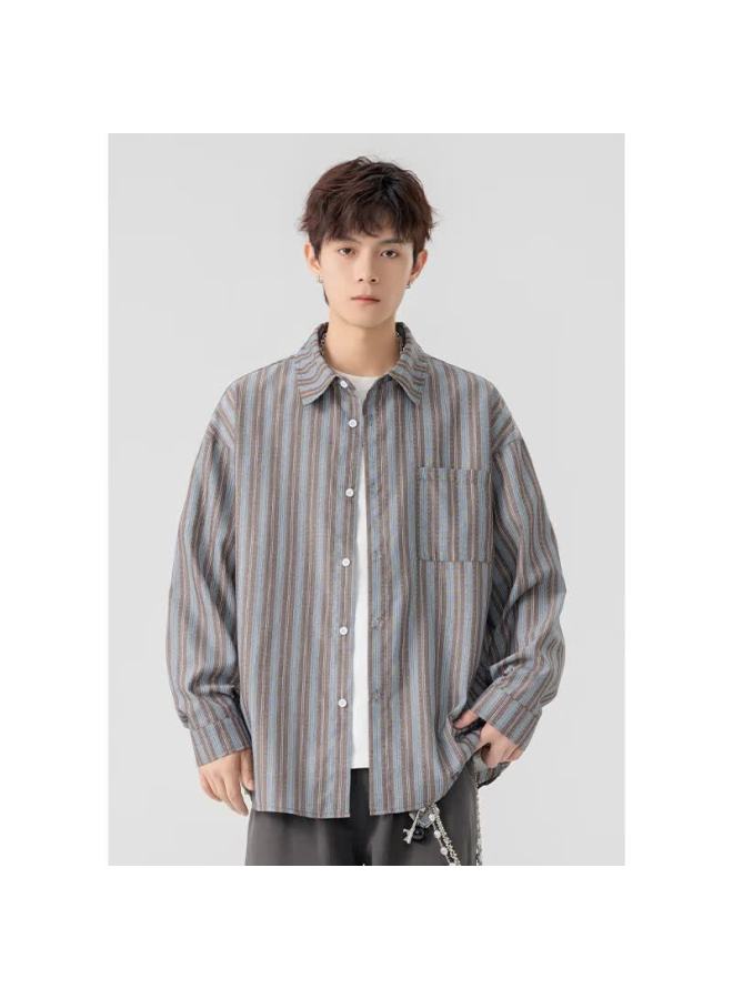 Izexx Vintage Long Sleeve Shirt Commuter College Style Fresh Striped Spring Shirt Jacket Ix66 Brown 4XL - Image 5