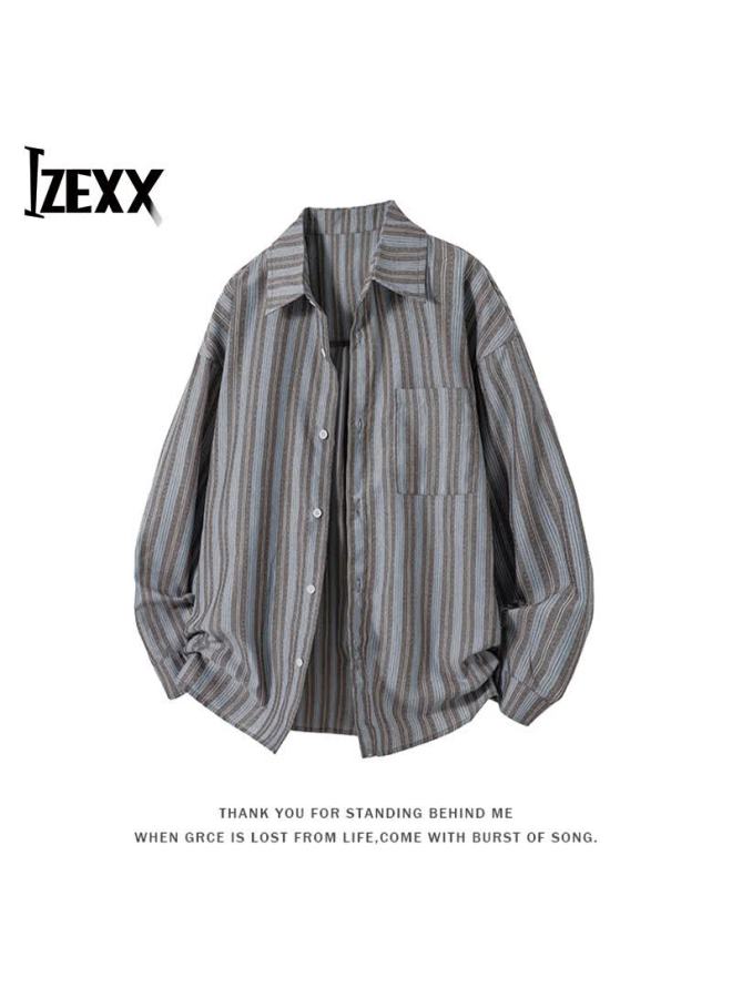Izexx Vintage Long Sleeve Shirt Commuter College Style Fresh Striped Spring Shirt Jacket Ix66 Brown 4XL - Image 1