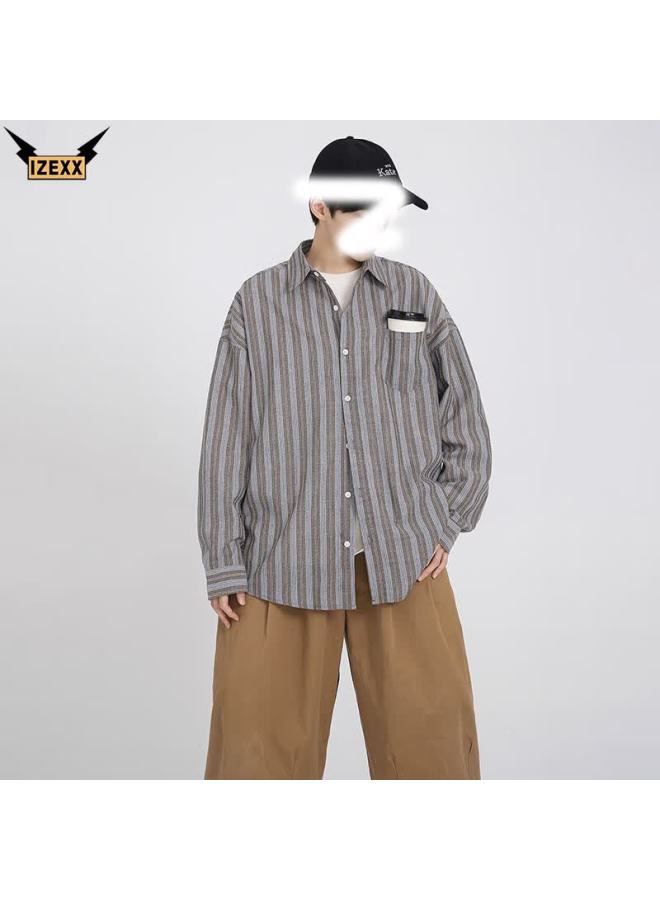 Izexx Vintage Long Sleeve Shirt Commuter College Style Fresh Striped Spring Shirt Jacket Ix66 Brown 4XL - Image 2