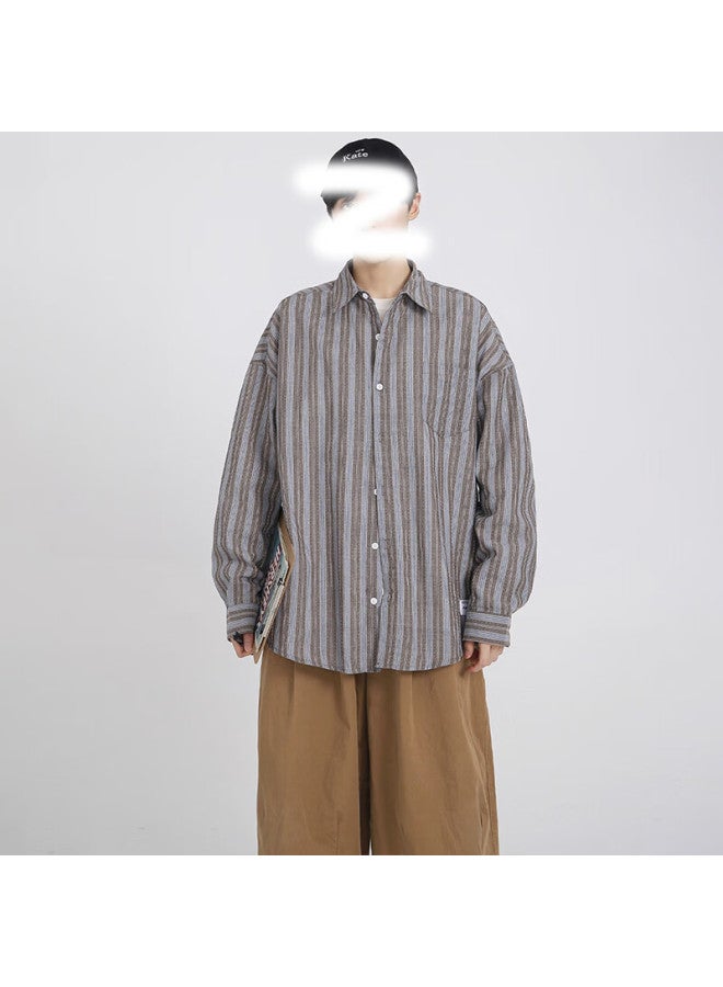 Izexx Vintage Long Sleeve Shirt Commuter College Style Fresh Striped Spring Shirt Jacket Ix66 Brown 4XL - Image 3