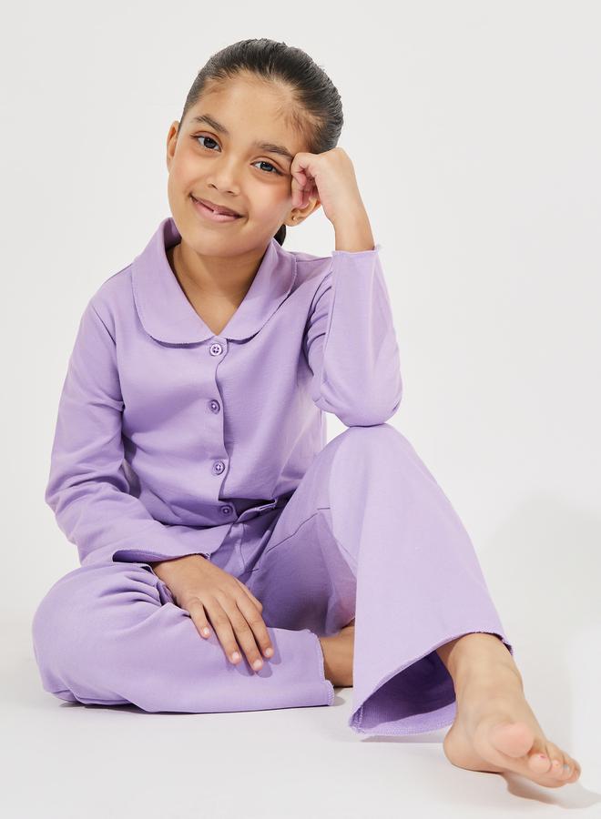 ستايلي مجموعة من بنطال بيجاما مع بلوزة بياقة وأزرار غلق - Image 1