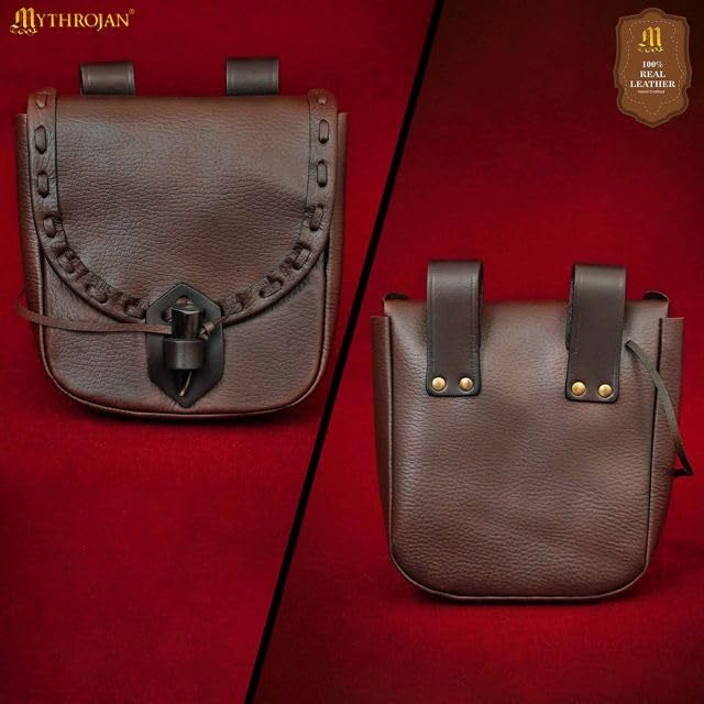 Mythrojan Leather Belt Pouch Medieval Genuine Leather Bag Costume Accessories Pouch Viking Belt Renaissance Coin Purse for LARP Fantasy Events, Ren Faire, Halloween- Brown - Image 3