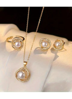 Home Clearance Sale 4pcs Fashionable Elegant Imitation pearl Ring Necklace Earrings New Year Birthday Party Gifts Jewelry To Family And Friends﻿  - Image 1