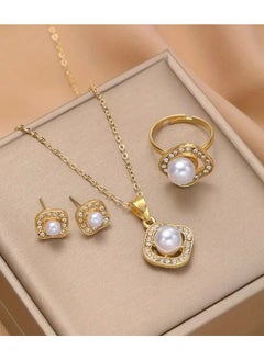 Home Clearance Sale 4pcs Fashionable Elegant Imitation pearl Ring Necklace Earrings New Year Birthday Party Gifts Jewelry To Family And Friends﻿  - Image 2