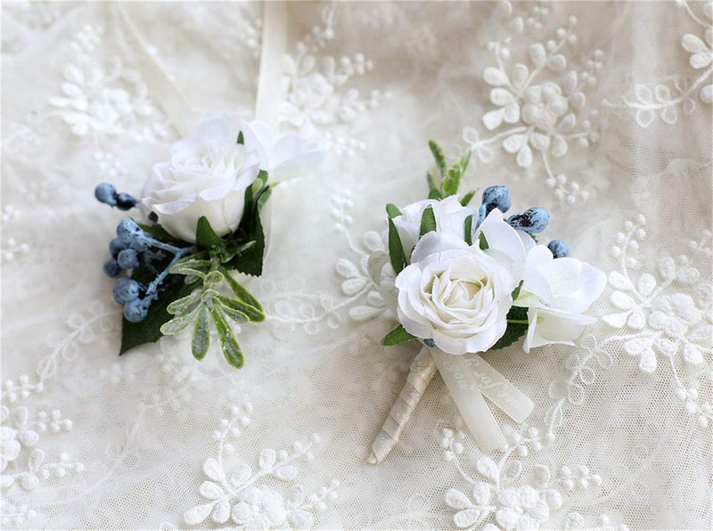 Flonding Rose Wedding Wrist Corsage and Boutonniere Set Party Prom Hand Ribbon Flower Suit Decor (White) - Image 1