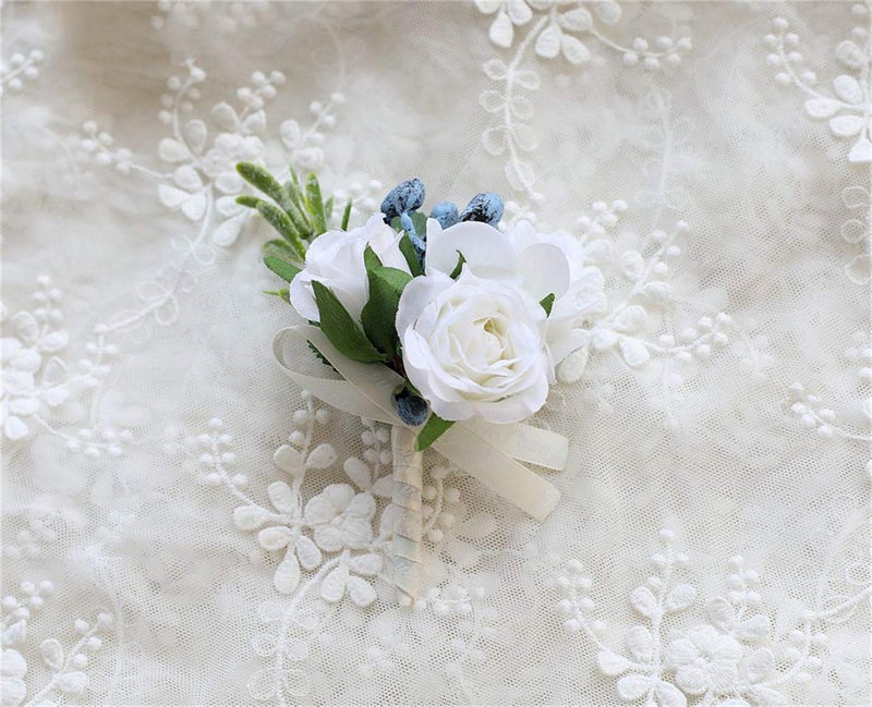 Flonding Rose Wedding Wrist Corsage and Boutonniere Set Party Prom Hand Ribbon Flower Suit Decor (White) - Image 3