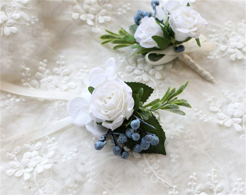Flonding Rose Wedding Wrist Corsage and Boutonniere Set Party Prom Hand Ribbon Flower Suit Decor (White) - Image 2