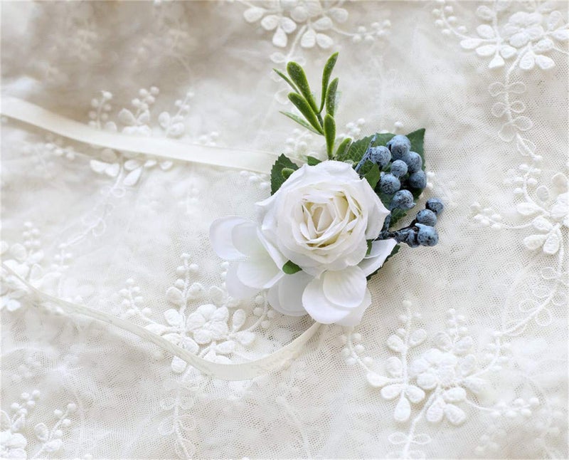 Flonding Rose Wedding Wrist Corsage and Boutonniere Set Party Prom Hand Ribbon Flower Suit Decor (White) - Image 4
