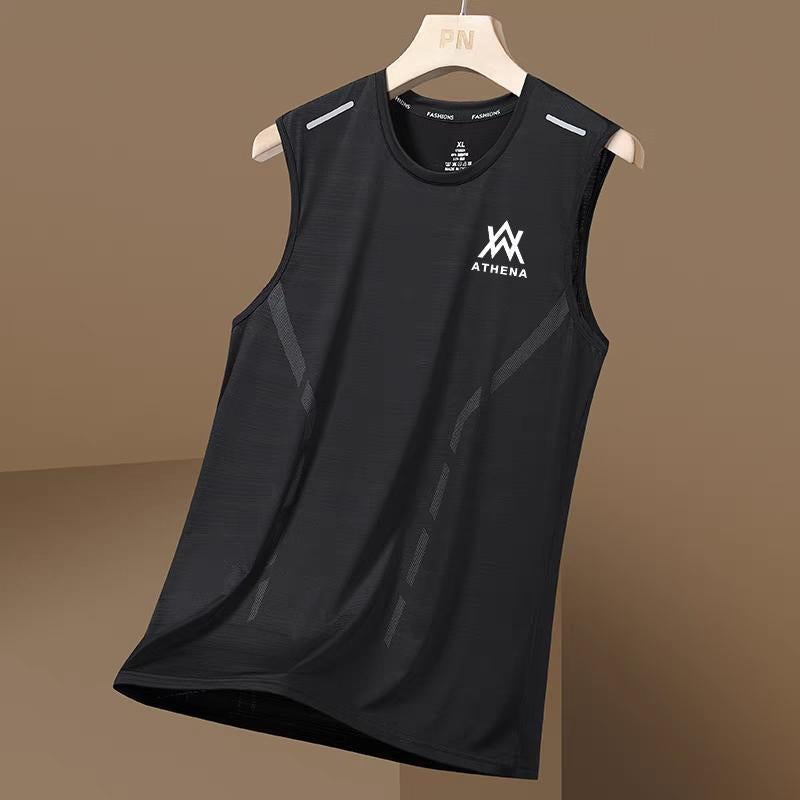 Summer Quick-drying Ice Silk Vest Mens Cut-off Sleeve Mesh Sleeveless T-shirt plus size Mens Loose Hurdle Sports Crosssleeve Top WA black [vest side pole style]