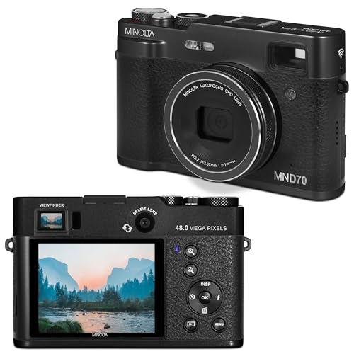 Minolta Retro Digital Camera – 48MP Autofocus Compact with 5K Ultra HD Video, Rear Selfie Lens, 16x Zoom, WiFi, 2.8-inch LCD Screen, Digital Stabilization, Optical Viewfinder, 32GB Card (Black) - Image 1