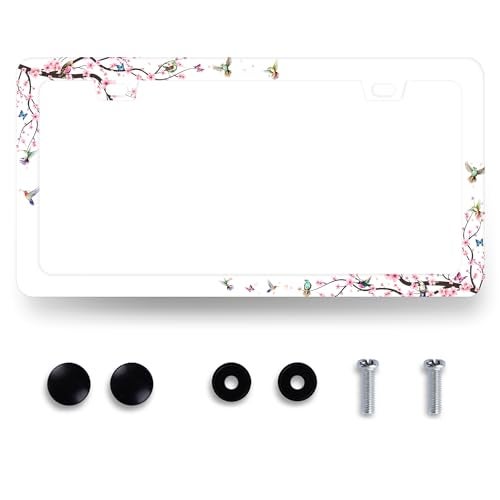 MUAWUOIK Hummingbird License Plate Frame Cherry Blossom Pink Flower License Plate Holder Colorful License Plate for Car Decoration Stainless Steel Bird Car Accessories with Screws Women 123x63 - Image 1