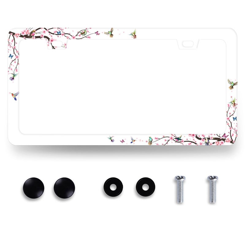 MUAWUOIK Hummingbird License Plate Frame Cherry Blossom Pink Flower License Plate Holder Colorful License Plate for Car Decoration Stainless Steel Bird Car Accessories with Screws Women 123x63 - Image 3