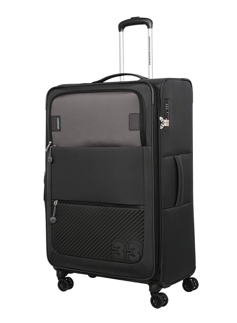 AMERICAN TOURISTER Majoris + Suitcase, Check-In Size 83 cm, 4 Spinner Wheels, Soft Top, 100% Polyester, Black|Corner Guards|Multi Front Pocket|TSA Combination Lock|Expandable|Retractable Aluminum Handle - 3 Years International Warranty - Image 1