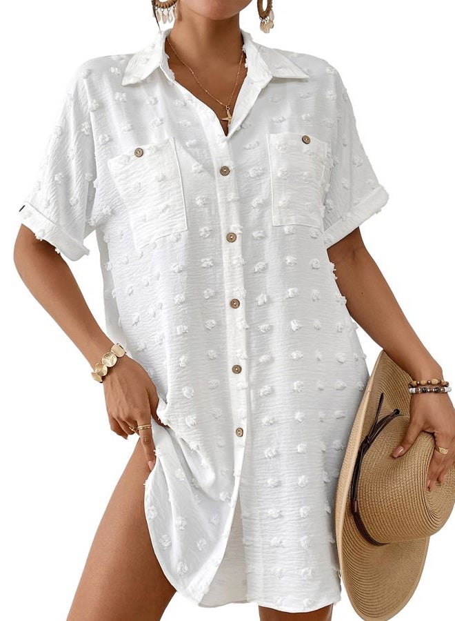 Bsubseach Swimsuit Coverup for Women Swiss Dot Bathing Suit Swimwear Button Down Beach Shirt Cover Up Resort Wear White S - Image 1