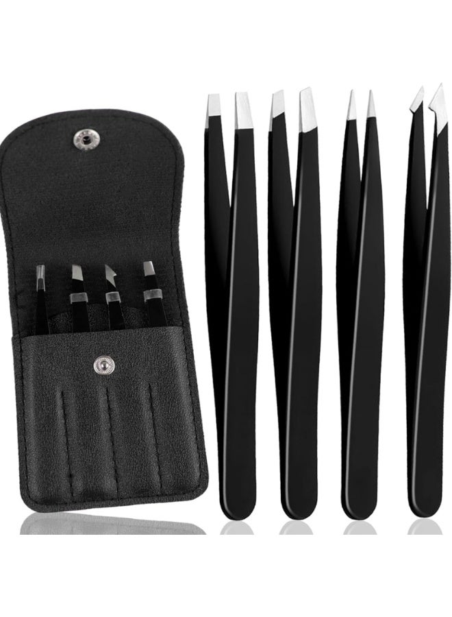NIKITA.VIVI 4 Pcs Eyebrow Tweezers Set,Stainless Steel Precision Tweezer Kit for Eyebrows Facial Hair,Brow Tweezer Professional Tweezers Ingrown Hair & Splinter Removal Tool with Travel Case Leather - Image 2