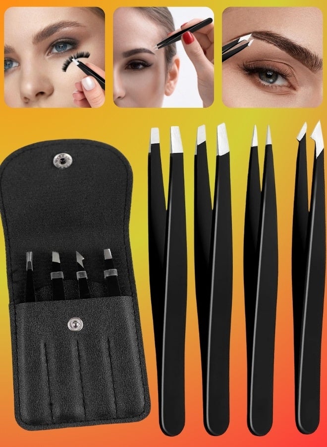 NIKITA.VIVI 4 Pcs Eyebrow Tweezers Set,Stainless Steel Precision Tweezer Kit for Eyebrows Facial Hair,Brow Tweezer Professional Tweezers Ingrown Hair & Splinter Removal Tool with Travel Case Leather - Image 1
