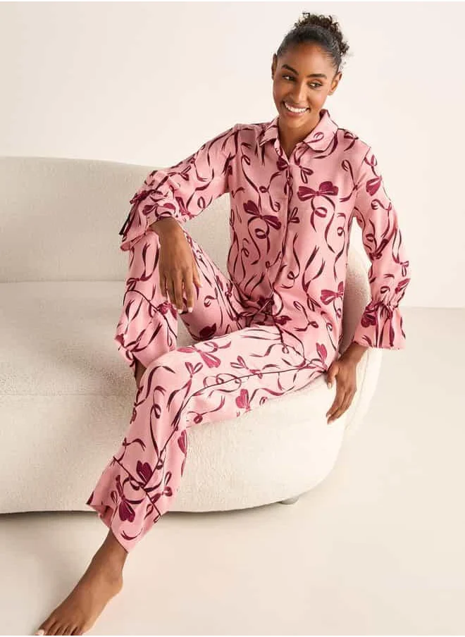 FAV Bow Print Long Sleeves Shirt and Elasticated Pyjama Set
