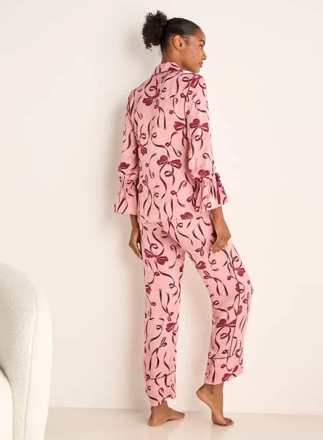 Splash FAV Bow Print Long Sleeves Shirt and Elasticated Pyjama Set