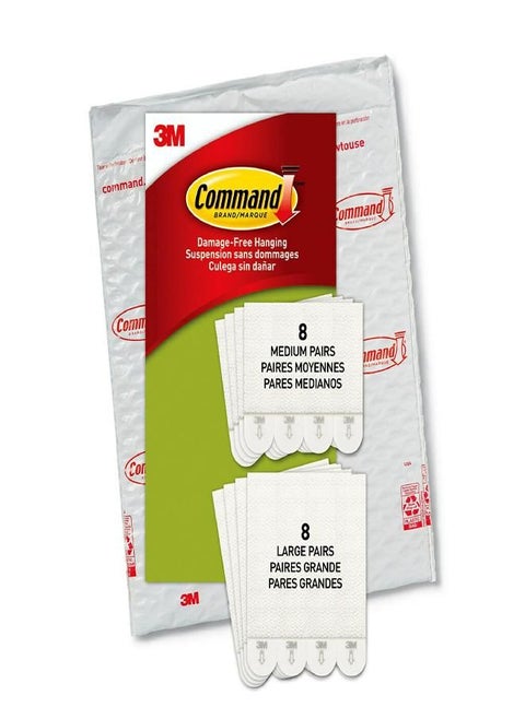 Command Medium and Large Picture Hanging Strips, Damage Free Hanging Picture Hangers, No Tools Wall Hanging Strips for Living Spaces, White, 8 Medium Pairs and 8 Large Pairs