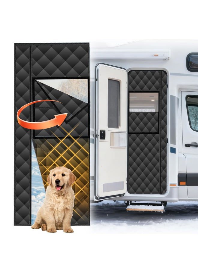 Pilleay RV Insulated Door Cover, Magnetic RV Door Insulation Curtain for Winter, 33" x 80" Camper Thermal Insulated Door Blanket with Removable Transparent Window for Inside Camper, Travel Trailer, Black - Image 1