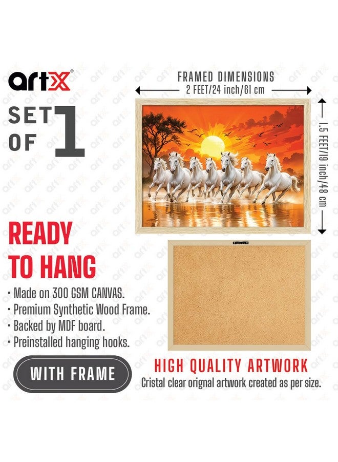 ArtX لوحة فنية كبيرة الحجم من ArtX تحتوي على 7 خيول بإطار فاستو، خيول بيضاء تجري على الماء، ديكور حائط شمس مشرقة فاستو، متعددة الألوان، طبيعة، 61.0 × 48.0 سم، مجموعة من 1 - Image 3