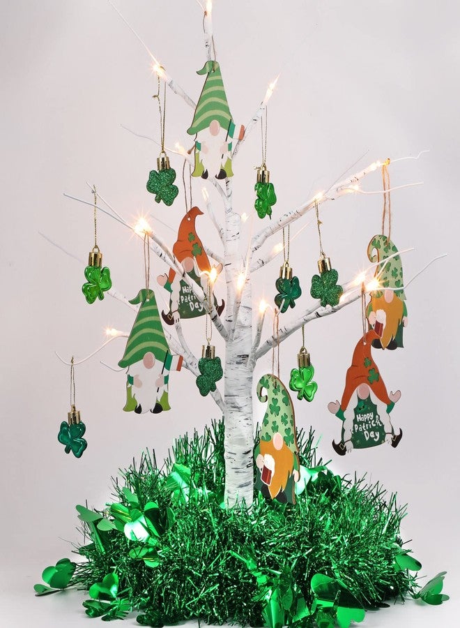 Yulejo St. Patrick's Day Tree Decorations 18 inch Tabletop Lighted Birch Tree with 14 Pcs Shamrock Gnomes Hanging Ornaments Tinsel Garland for Home Holiday Party Decoration - Image 1