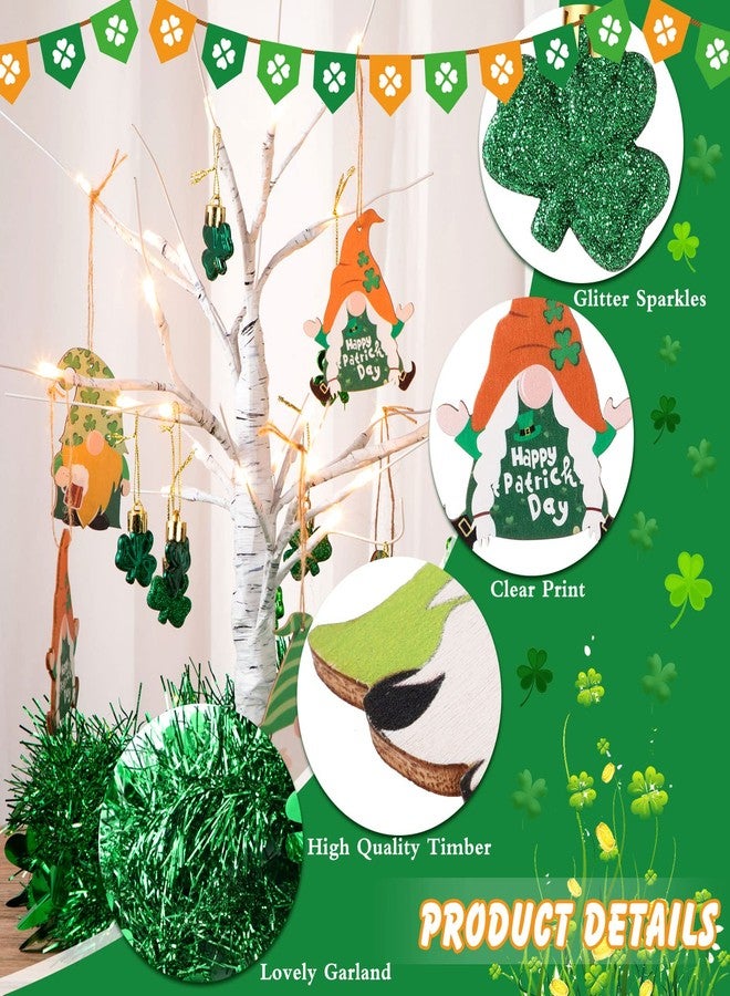 Yulejo St. Patrick's Day Tree Decorations 18 inch Tabletop Lighted Birch Tree with 14 Pcs Shamrock Gnomes Hanging Ornaments Tinsel Garland for Home Holiday Party Decoration - Image 4