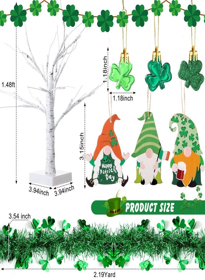 Yulejo St. Patrick's Day Tree Decorations 18 inch Tabletop Lighted Birch Tree with 14 Pcs Shamrock Gnomes Hanging Ornaments Tinsel Garland for Home Holiday Party Decoration - Image 2