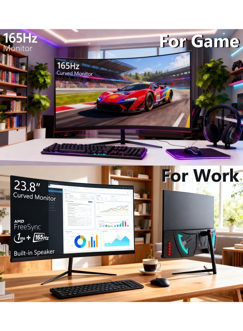 23.8" Curved Gaming Monitor 165Hz 1920 * 1080p 1ms Freesync Computer Monitor with LED Axe Backlit, 1800R Curved Screen, Built-in Speaker, RGB Backlight, HDMI, DP, USB - Image 5