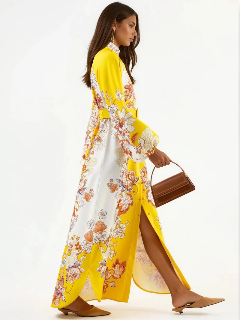 جينيفر Floral Maxi Dress with Shirt Collar and Tie Closure