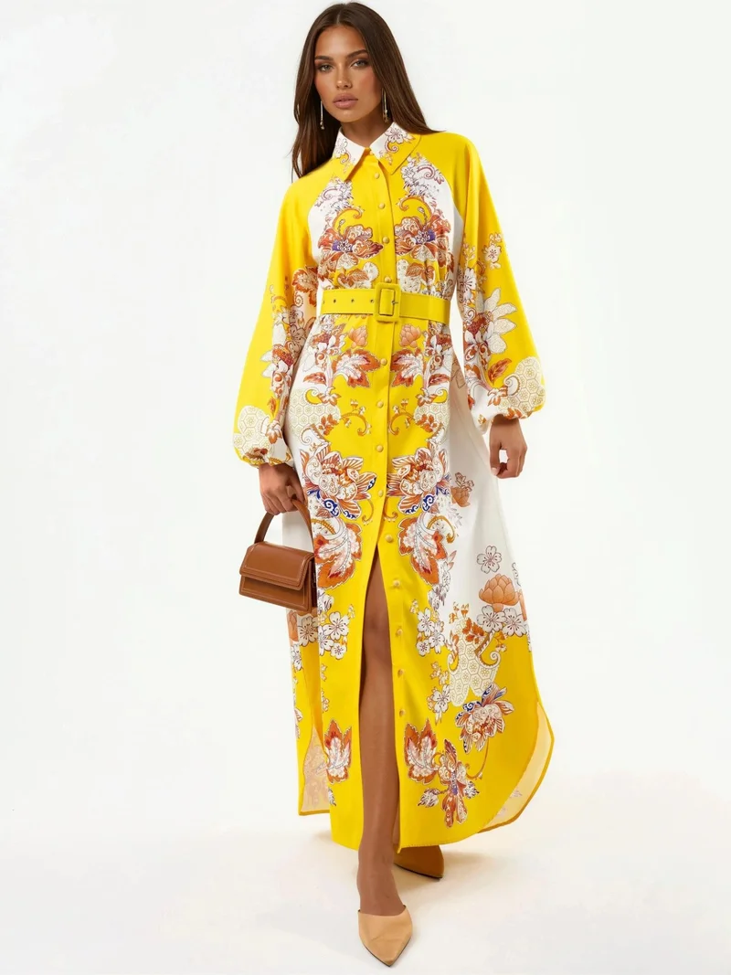 جينيفر Floral Maxi Dress with Shirt Collar and Tie Closure